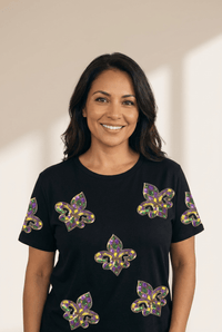 Women's Mardi Gras Sequin Fleur de Lis Graphic Tee in Cotton Blend