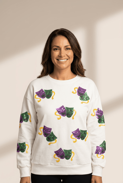 Women's Mardi Gras Sequined Mask Sweatshirt in White Cotton-Blend