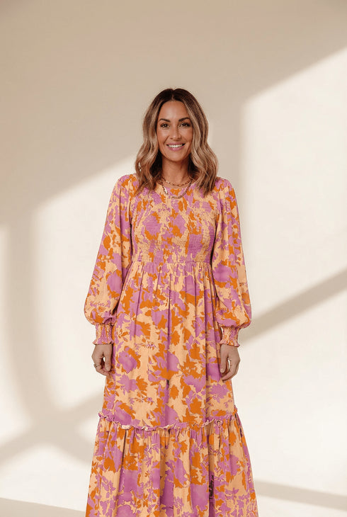 Women's Marigold Floral Smocked Maxi Dress with Puff Sleeves