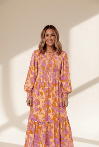 Women's Marigold Floral Smocked Maxi Dress with Puff Sleeves