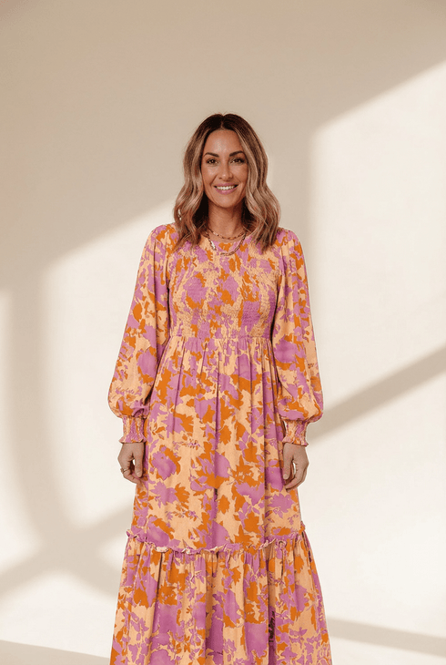 Yellow Floral Puff Sleeve Smocked Bodice Ruffled Long Dress