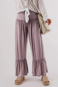 Khaki Frilled Drawstring High Waist Wide Leg Pants