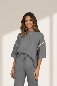 Women's Medium Grey Knit Pant Set with Contrast Trim
