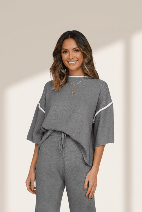Women's Medium Grey Knit Pant Set with Contrast Trim