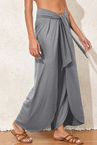 Medium Grey Knotted Drop Waist Split Leg Relaxed Pants