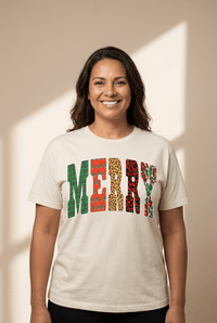 Women's MERRY Mixed-Pattern Graphic Christmas Tee for Women