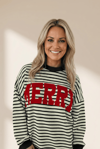 Women's Merry Striped Holiday Sweatshirt - Relaxed Graphic Pullover
