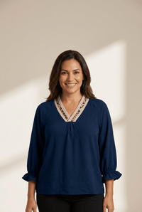 Women's Midnight Blue Leopard Trim V-Neck Flounce Sleeve Blouse