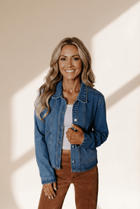 Women's Mineral Washed Denim Jacket in Ashleigh Blue with Scalloped Trim, Button-Up Closure, and Patched Pockets.