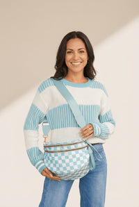 Women's Mist Blue Checkered Polyester Crossbody Bag with Wide Strap