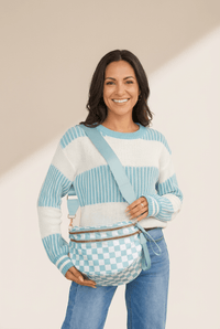 Women's Mist Blue Checkered Polyester Crossbody Bag with Wide Strap