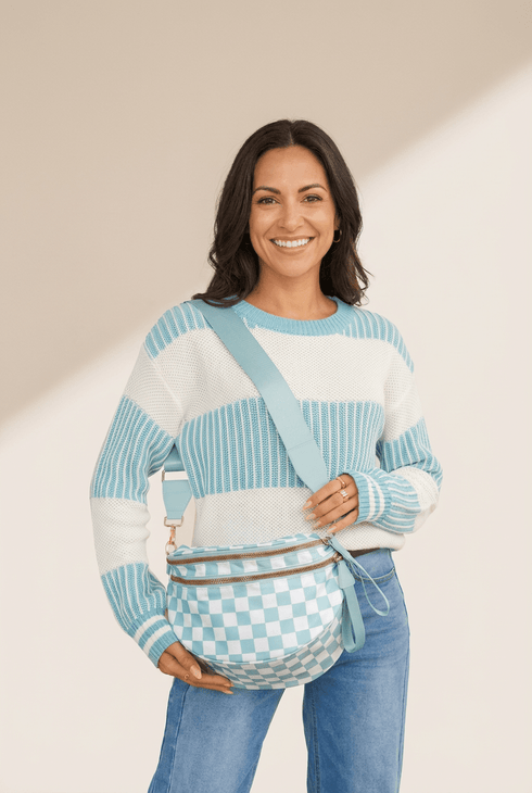 Women's Mist Blue Checkered Polyester Crossbody Bag with Wide Strap