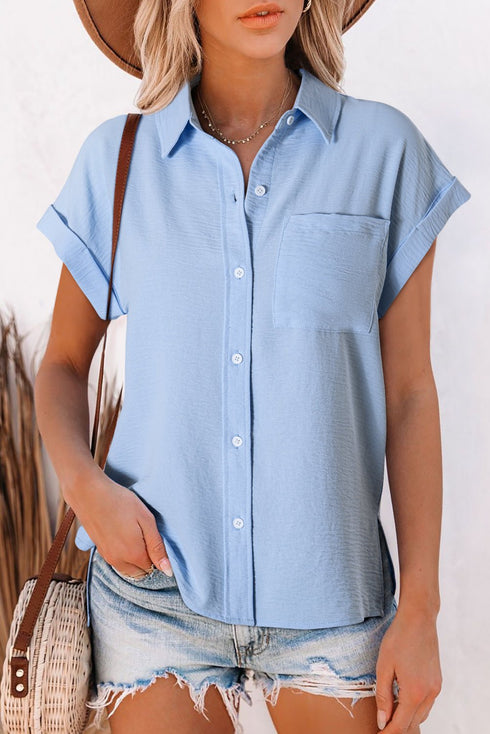 Women's Mist Blue Cuffed Short Sleeve Casual Shirt - Soft, Chic Top for Everyday Comfort and Effortless Style
