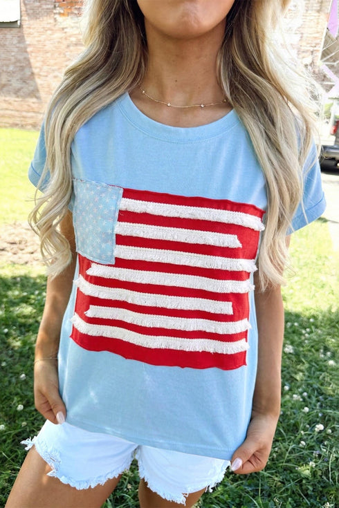 Women's Mist Blue USA Flag Cap Sleeve T-Shirt with Textured Patchwork - Casual Summer Style for Effortless Chic