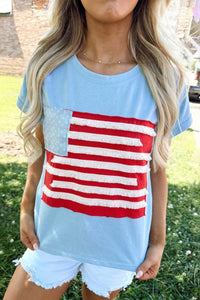 Women's Mist Blue USA Flag Cap Sleeve T-Shirt with Textured Patchwork - Casual Summer Style for Effortless Chic
