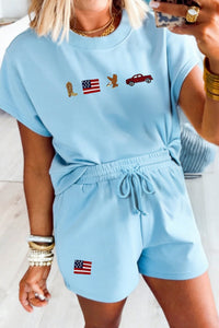 Women's Mist Blue Western Casual Two-Piece Set with Patriotic Embroidered Flag Design – Stylish & Comfortable Fit