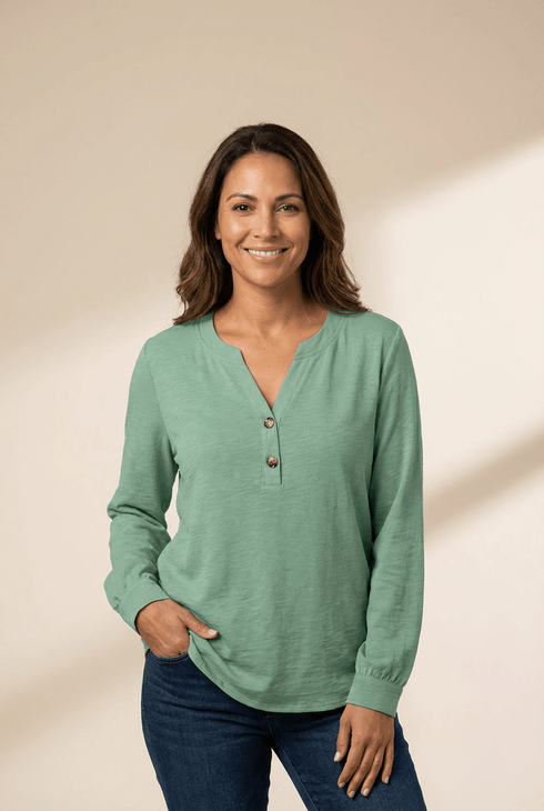 Women's Mist Green Buttoned V-Neck Blouse with Slub Texture