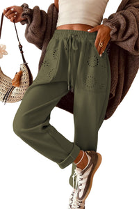 Moss Green Embroidered Patched Pockets Drawstring Pants