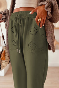 Moss Green Embroidered Patched Pockets Drawstring Pants