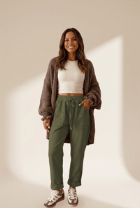 Women's Moss Green Embroidered Drawstring Pants with Eyelet Pockets