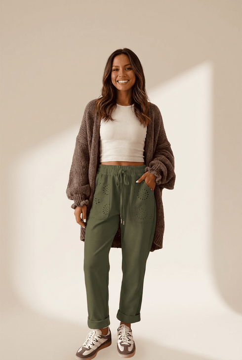 Moss Green Embroidered Patched Pockets Drawstring Pants