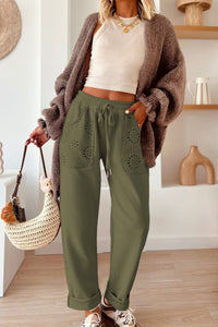 Moss Green Embroidered Patched Pockets Drawstring Pants