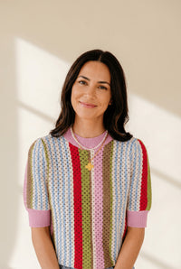 Women's Multi-Color Pointelle Knit Striped Short Sleeve Sweater