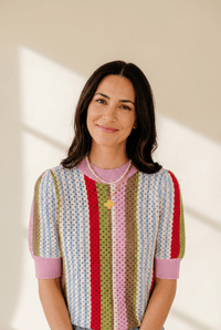 Women's Multi-Color Pointelle Knit Striped Short Sleeve Sweater