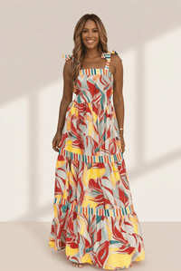 Women's Multicolor Abstract Print Maxi Dress with Striped Knot Straps - Stylish, Comfortable Summer Fashion