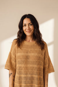Women's Mustard 100% Cotton Openwork Knit Short Sleeve Sweater