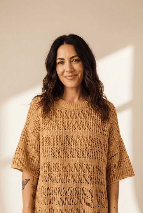 Women's Mustard 100% Cotton Openwork Knit Short Sleeve Sweater