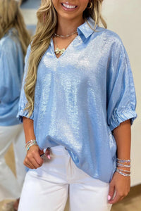 Women's Myosotis Blue Metallic V-Neck Half Sleeve Collared Top - Chic Fit for Casual or Dressy Events