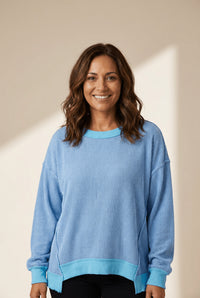 Women's Myosotis Sky Blue Twisted Rib Knit Top with Uneven Hem
