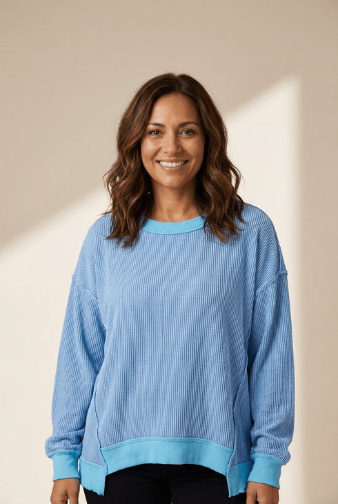 Women's Myosotis Sky Blue Twisted Rib Knit Top with Uneven Hem