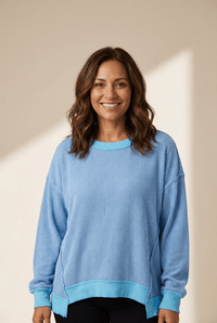 Women's Myosotis Sky Blue Twisted Rib Knit Top with Uneven Hem