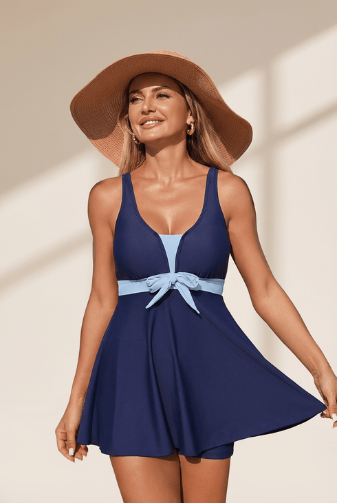 Women's Navy and Sky Blue Bow Accent Swim Dress