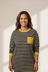 Women's Navy and Yellow Striped Ribbed Knit Top with Pocket