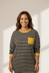 Women's Navy and Yellow Striped Ribbed Knit Top with Pocket