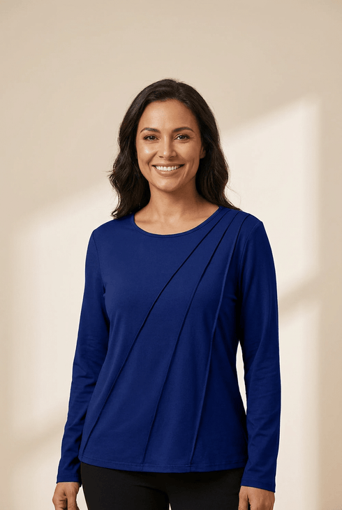 Women's Navy Blue Asymmetric Seam Detail Long Sleeve Top