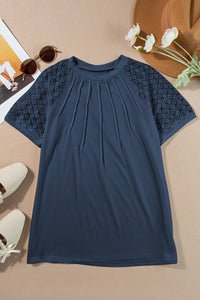 Navy Blue Seamed Detail Contrast Lace Raglan Sleeve Tee