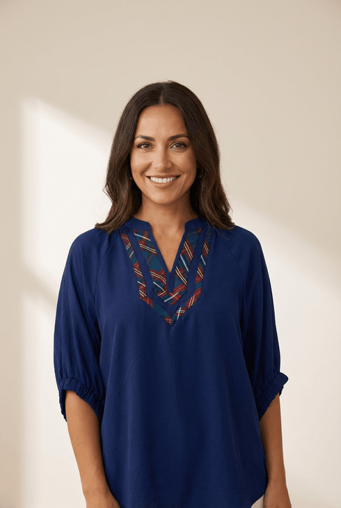 Women's Navy Blue V-Neck Plaid Patchwork Blouse with Half Sleeves