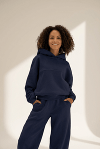 Women's Navy Cotton-Blend Hoodie and Sculpted Jogger Set with practical styling and dependable silhouette control.