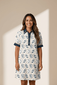 Women's Navy Geometric Floral Lace Trim Shift Dress