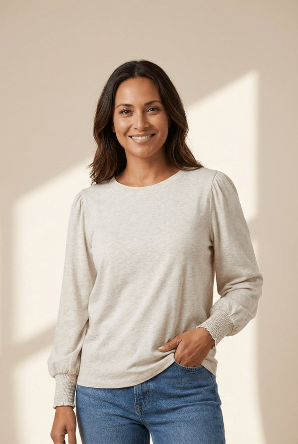 Women's Oatmeal Cotton Puff Sleeve Blouse with Shirred Cuffs
