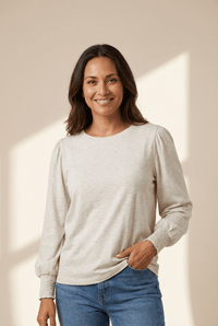 Women's Oatmeal Cotton Puff Sleeve Blouse with Shirred Cuffs