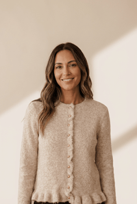 Women's Oatmeal Ruffle Trim Cardigan with Gold Buttons
