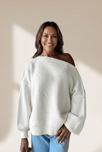 
Women's Off-Shoulder Ribbed Knit Oversized Sweater in Ivory