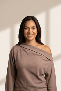 Women's Old Rose Asymmetric Neck Waffle Knit Long Sleeve Top
