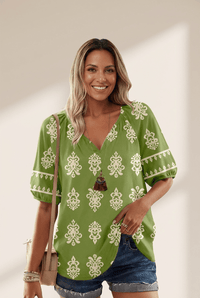 Women's Olive Green Boho Damask Notched V-Neck Blouse