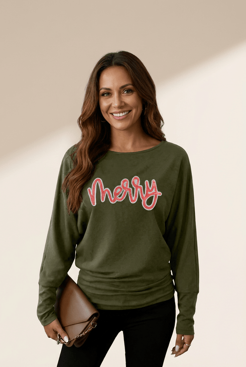 Women's Olive Sequin Merry Dolman Sleeve Top in Long Sleeve Tops